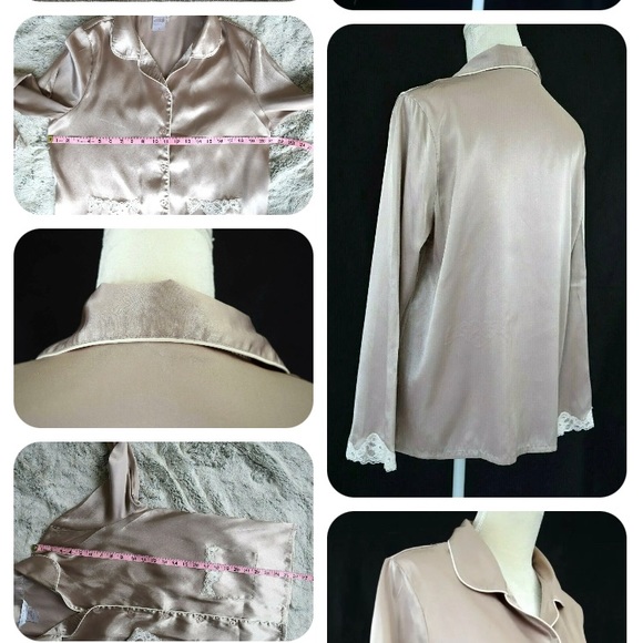 Gilligan & Omalley Womens Pajama Top Sand color Satin Sleepwear Lace acc… - Picture 6 of 7